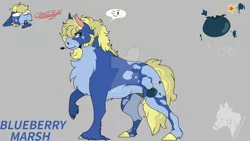 Size: 1280x720 | Tagged: safe, artist:gasmask-donkey, derpibooru import, oc, oc:blueberry marsh, earth pony, pony, chest fluff, coat markings, deviantart watermark, gray background, image, jpeg, magical gay spawn, male, obtrusive watermark, offspring, parent:big macintosh, parent:party favor, simple background, solo, stallion, watermark