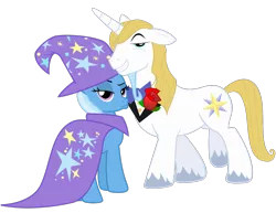 Size: 1293x997 | Tagged: safe, artist:jeatz-axl, artist:peachspices, derpibooru import, edit, vector edit, prince blueblood, trixie, pony, unicorn, .svg available, bedroom eyes, bluetrix, cape, clothes, duckface, female, flower, hat, image, lidded eyes, male, mare, png, rose, shipping, simple background, stallion, straight, transparent background, trixie's cape, trixie's hat, unshorn fetlocks, vector