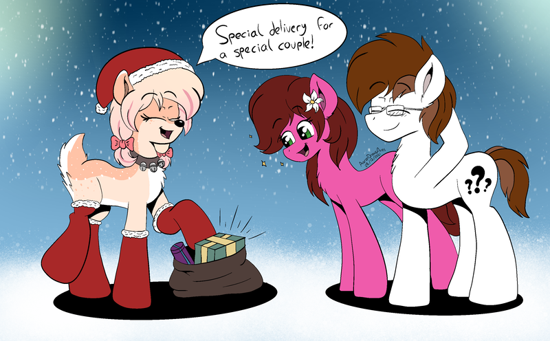 Size: 2724x1690 | Tagged: safe, artist:aarondrawsarts, derpibooru import, oc, oc:brain teaser, oc:daisy cakes, oc:rose bloom, deer, deer pony, earth pony, original species, blushing, brainbloom, christmas, clothes, dialogue, female, glasses, holiday, image, male, oc x oc, png, shipping, socks, stockings, straight, thigh highs