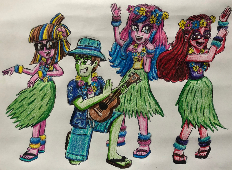 Size: 1024x751 | Tagged: safe, artist:bozzerkazooers, derpibooru import, oc, oc:amelia dreamheart, oc:arianna nightstream, oc:rena, equestria girls, clothes, feet, female, grass skirt, hula, image, jpeg, male, sandals oc:bozzerkazooers, skirt