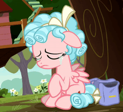 Size: 800x728 | Tagged: safe, derpibooru import, screencap, cozy glow, pegasus, pony, marks for effort, season 8, spoiler:s08, animated, bag, bags, balcony, bawling, bow, cropped, crying, curly mane, dirt, female, filly, flower, foal, freckles, gif, grass, image, open mouth, poor thing, sad, small wings, sobbing, solo, stairs, teary eyes, tree, treehouse, wings, wiping tears