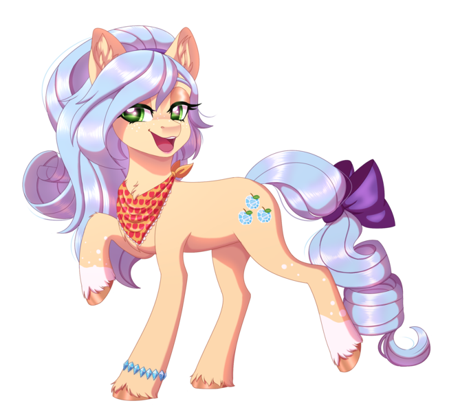 Size: 2084x1870 | Tagged: safe, artist:_ladybanshee_, derpibooru import, oc, oc:rarijack, earth pony, pony, derpibooru community collaboration, 2022 community collab, bow, bracelet, chest fluff, clothes, commission, commissioner:raritybro, ear fluff, fetlock tuft, freckles, full body, hoof fluff, image, jewelry, magical lesbian spawn, offspring, parent:applejack, parent:rarity, parents:rarijack, png, scarf, simple background, solo, transparent background, unshorn fetlocks