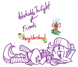 Size: 3695x3160 | Tagged: safe, artist:adorkabletwilightandfriends, derpibooru import, starlight glimmer, adorkable, adorkable friends, christmas, clothes, crossed legs, cute, dork, glimmerbetes, hearth's warming, holiday, image, lidded eyes, looking at you, lying down, magic, mistletoe, on back, png, socks, sweater, thighs, tongue out