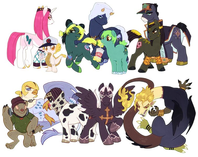 Size: 1024x813 | Tagged: safe, derpibooru import, ponified, bird, dragon, pony, unicorn, baseball cap, black hair, black mane, black sclera, black wings, blue eyes, blue skin, blue wings, brown skin, cap, cow print, cross, cutie mark, dio brando, disposable cup, donatello versus, drink, drinking straw, emporio alnino, enrico pucci, foo fighters, gray mane, green eyes, green hair, green mane, green skin, grey hair, hat, image, jojo's bizarre adventure, jolyne kujo, jotaro kujo, jpeg, long hair, long mane, miraschon, narciso anasui, orange eyes, pale skin, pink hair, pink mane, pink skin, pixiv, plankton, short hair, short mane, soda, spongebob squarepants, stone ocean, straw, the mane is the hat, ungalo, weather report, white hair, white mane, white skin, wings, winter hat, yellow eyes, yellow hair