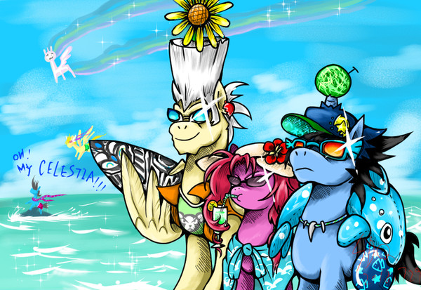 Size: 600x413 | Tagged: artist needed, safe, derpibooru import, princess celestia, ponified, dolphin, pony, anime, beach, black hair, blue skin, caesar anthonio zeppeli, caesar zeppeli, cantaloupe, clothes, drink, drinking straw, ear piercing, earring, flower, flower in hair, food, fruit, fruit on head, hat, iggy, image, jean pierre polnareff, jewelry, jojo's bizarre adventure, joseph joestar, jotaro kujo, jpeg, melon, multicolored hair, necklace, noriaki kakyoin, ocean, piercing, pink skin, pixiv, rainbow hair, red hair, scarf, shark teeth, sky, straw, sunflower, sunflower on head, sunglasses, surfboard, swimsuit, the mane is the hat, trunks, water, white hair, white wings, wings, yellow skin, yellow wings