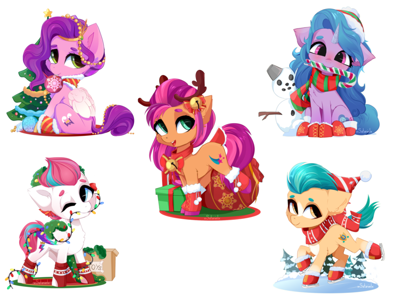 Size: 6879x5300 | Tagged: safe, artist:xsatanielx, derpibooru import, hitch trailblazer, izzy moonbow, pipp petals, sunny starscout, zipp storm, earth pony, pegasus, pony, unicorn, g5, my little pony: a new generation, absurd resolution, adorapipp, adorazipp, antlers, blushing, bow, candy, candy cane, chest fluff, chibi, christmas, christmas lights, christmas tree, clothes, cute, ear fluff, female, food, hair bow, hat, hitchbetes, holiday, ice skating, image, izzybetes, male, mane five (g5), mare, one eye closed, open mouth, open smile, ornament, png, present, reindeer antlers, sack, scarf, simple background, sleigh bells, smiling, snowman, socks, stallion, sunnybetes, transparent background, tree, wall of tags