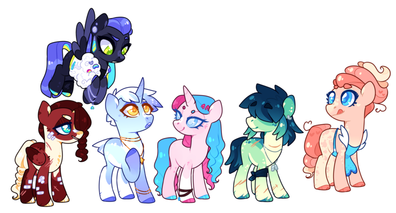 Size: 2654x1431 | Tagged: safe, artist:jaysey, derpibooru import, oc, oc:cotton curls, oc:frostbyte, oc:neon skyline, oc:pacific valley, oc:scarlet crisp, oc:sunny sundae swirls, unofficial characters only, earth pony, pegasus, pony, unicorn, apron, bandaid, base used, bracelet, clothes, dog tags, female, hair over eyes, image, jewelry, licking, licking lips, magical lesbian spawn, mare, necklace, next generation, offspring, parent:applejack, parent:big macintosh, parent:cheese sandwich, parent:coloratura, parent:fancypants, parent:flash sentry, parent:fluttershy, parent:pinkie pie, parent:rainbow dash, parent:rarity, parent:soarin', parent:twilight sparkle, parents:cheesepie, parents:flashlight, parents:fluttermac, parents:rarajack, parents:raripants, parents:soarindash, png, simple background, tongue out, transparent background