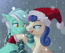 Size: 662x543 | Tagged: safe, artist:brianblackberry, derpibooru import, bon bon, lyra heartstrings, sweetie drops, earth pony, pony, unicorn, christmas, clothes, couple, duo, duo female, female, hat, hearth's warming eve, holiday, image, lesbian, looking at each other, looking at someone, lyrabon, mare, open mouth, open smile, png, romance, santa hat, scarf, shipping, smiling, smiling at each other, snow