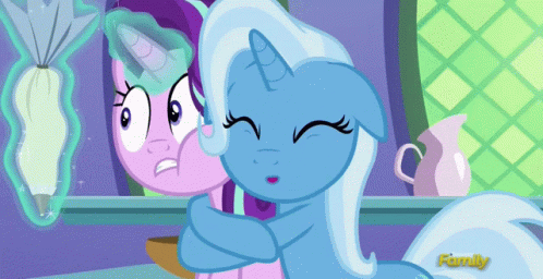 Size: 498x256 | Tagged: safe, derpibooru import, screencap, starlight glimmer, trixie, pony, unicorn, all bottled up, season 7, animated, duo, duo female, eyes closed, female, food, frosting, frown, gif, glow, glowing horn, grin, horn, hug, image, magic, magic aura, mare, open mouth, open smile, out of context, smiling, teeth, telekinesis