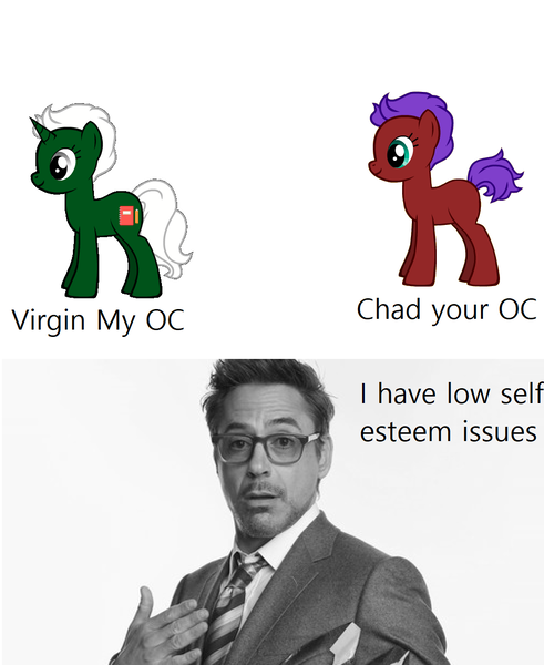 Size: 1006x1230 | Tagged: safe, artist:comicfield, derpibooru import, oc, oc:comic field, earth pony, unicorn, pony creator, chad, image, meme, png, robert downey jr, virgin, virgin walk