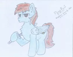 Size: 2178x1700 | Tagged: safe, artist:fliegerfausttop47, derpibooru import, oc, oc:pegasusgamer, unofficial characters only, pegasus, pony, derpibooru community collaboration, 2022 community collab, badass, brown eyes, brown hair, cheek fluff, chest fluff, ear fluff, fluffy, hoof fluff, image, jpeg, leg fluff, looking at you, male, serious, serious face, signature, simple background, solo, stallion, sword, three quarter view, traditional art, weapon, white background, wing fluff, wings