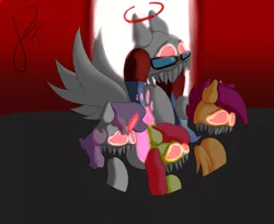 Size: 2450x2000 | Tagged: safe, derpibooru import, apple bloom, scootaloo, sweetie belle, oc, oc:thunder andreos, earth pony, pegasus, unicorn, aura, creepy, demi-god, expurgation, horn, image, madness, madness combat, pegasus oc, png, wings