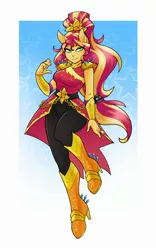 Size: 1500x2400 | Tagged: safe, artist:ambris, derpibooru import, sunset shimmer, anthro, human, equestria girls, boots, buckle, clothes, crystal guardian, geode of empathy, high heel boots, image, jpeg, lidded eyes, magical geodes, ponied up, pony ears, shoes, sun, waistband, wristband