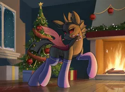 Size: 2048x1506 | Tagged: safe, artist:kaylerustone, derpibooru import, oc, oc:chara, unofficial characters only, changeling, pony, candy, candy cane, christmas, christmas tree, clothes, fireplace, food, holiday, image, jpeg, lidded eyes, mouth hold, present, socks, solo, spread wings, thigh highs, tree, wings