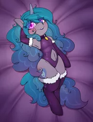 Size: 2295x3000 | Tagged: suggestive, artist:lockheart, derpibooru import, izzy moonbow, pony, unicorn, armpits, bedroom eyes, belly button, blushing, clothes, collar, explicit source, eye clipping through hair, female, g5, hooves behind head, image, jpeg, leotard, looking at you, lying down, mare, navel cutout, on back, pet tag, secret santa, socks, solo, solo female, stockings, thigh highs, wide hips
