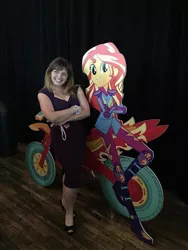 Size: 1200x1598 | Tagged: safe, derpibooru import, sunset shimmer, human, equestria girls, friendship games, cardboard cutout, image, irl, irl human, jpeg, photo, rebecca shoichet, rebecca shoichet with cardboard cutout, voice actor