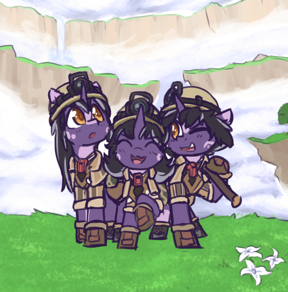 Size: 2783x2824 | Tagged: safe, artist:rivibaes, derpibooru import, oc, oc:arumale, oc:lumale, oc:rivibaes, pony, clothes, colt, female, filly, foal, image, made in abyss, male, png, siblings, whistle