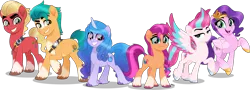 Size: 4000x1433 | Tagged: safe, artist:orin331, derpibooru import, hitch trailblazer, izzy moonbow, pipp petals, sprout cloverleaf, sunny starscout, zipp storm, earth pony, pegasus, pony, unicorn, my little pony: a new generation, female, frown, g5, grin, high res, image, looking at you, male, mane 6 (g5), mare, new mane six (g5), open mouth, open smile, png, raised hoof, simple background, smiling, smiling at you, spread wings, stallion, transparent background, vector, wings