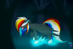 Size: 3000x2000 | Tagged: semi-grimdark, artist:skanim-sdw, derpibooru import, oc, oc:darky wings, unofficial characters only, pegasus, pony, angry, angry eyes, blood, blue fire, creepy, forest, glow, glowing eyes, image, night, png, tree, white eyes