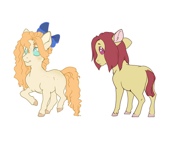 Size: 1280x1081 | Tagged: safe, artist:honeypupdragon, derpibooru import, oc, oc:buttermilk, oc:muffin, unofficial characters only, earth pony, pony, bow, duo, female, filly, foal, freckles, hair bow, image, jpeg, offspring, parent:applejack, parent:cheese sandwich, parent:pinkie pie, parent:trenderhoof, parents:cheesepie, parents:trenderjack