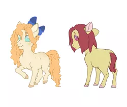 Size: 1280x1081 | Tagged: safe, artist:honeypupdragon, derpibooru import, oc, oc:buttermilk, oc:muffin, unofficial characters only, earth pony, pony, bow, duo, female, filly, foal, freckles, hair bow, image, jpeg, offspring, parent:applejack, parent:cheese sandwich, parent:pinkie pie, parent:trenderhoof, parents:cheesepie, parents:trenderjack