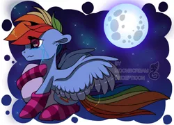 Size: 1024x736 | Tagged: safe, artist:moonscream decepticon, derpibooru import, rainbow dash, pegasus, pony, clothes, crying, female, full moon, image, jpeg, mare, moon, pillow, socks, solo, spread wings, striped socks, wings