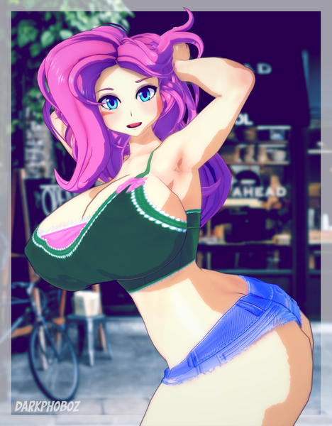 Size: 1040x1333 | Tagged: suggestive, artist:darkphoboz, derpibooru import, fluttershy, human, 3d, arm behind head, armpits, ass, big breasts, breasts, busty fluttershy, butt, cleavage, clothes, female, flutterbutt, huge breasts, humanized, image, koikatsu, large butt, looking at you, png, shorts, solo, solo female