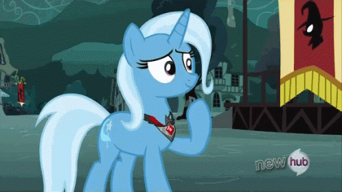 Size: 498x280 | Tagged: safe, derpibooru import, screencap, trixie, pony, unicorn, magic duel, season 3, alicorn amulet, all new, animated, female, gif, horn, hub logo, image, lidded eyes, mare, outdoors, raised hoof, smiling, solo, standing, tail, text, two toned mane, two toned tail