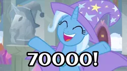 Size: 1600x900 | Tagged: safe, derpibooru import, edit, edited screencap, screencap, trixie, pony, unicorn, a horse shoe-in, season 9, spoiler:s09, 70000, ^^, cape, caption, clothes, eyes closed, female, happy, hat, image, mare, meta, milestone, open mouth, open smile, png, smiling, solo, text, trixie's cape, trixie's hat, two toned mane