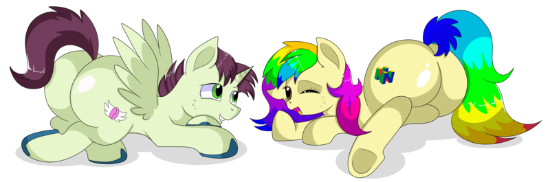 Size: 9000x2981 | Tagged: safe, artist:rainbowtashie, author:bigonionbean, derpibooru import, donut joe, soarin', oc, oc:quick coffee, oc:rainbow tashie, earth pony, pegasus, pony, unicorn, butt, commissioner:bigonionbean, cutie mark, female, flank, fusion, fusion:quick coffee, image, lying down, male, mare, nintendo, nintendo 64, plot, png, stallion