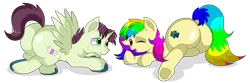 Size: 9000x2981 | Tagged: safe, artist:rainbowtashie, author:bigonionbean, derpibooru import, donut joe, soarin', oc, oc:quick coffee, oc:rainbow tashie, earth pony, pegasus, pony, unicorn, butt, commissioner:bigonionbean, cutie mark, female, flank, fusion, fusion:quick coffee, image, lying down, male, mare, nintendo, nintendo 64, plot, png, stallion