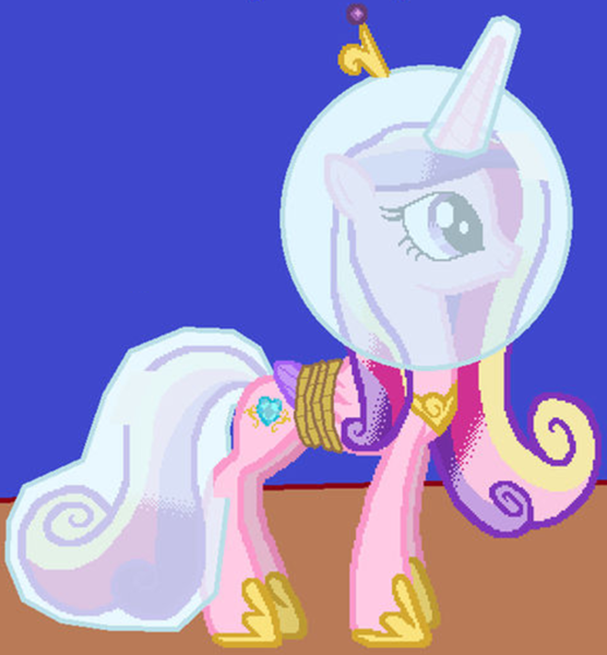 Size: 1140x1231 | Tagged: safe, artist:guihercharly, derpibooru import, edit, princess cadance, alicorn, pony, bound wings, cropped, crown, female, helmet, hoof shoes, image, jewelry, mare, moon, png, regalia, rope, solo, space, space helmet, stars, tail helmet, tied up, wings