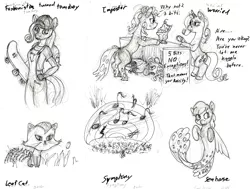 Size: 1200x908 | Tagged: safe, artist:sepiakeys, derpibooru import, pinkie pie, rarity, anthro, cat, changeling, pony, seapony (g4), alternate hairstyle, backwards ballcap, baseball cap, cap, disguise, disguised changeling, food, hat, image, monochrome, plainity, png, skateboard, sundae, tied up, traditional art