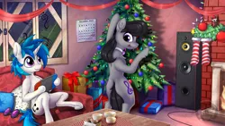 Size: 1536x864 | Tagged: safe, artist:calena, derpibooru import, octavia melody, vinyl scratch, pony, unicorn, 2021, banner, calendar, christmas, christmas lights, christmas tree, commission, cute, fireplace, glasses, glasses off, holiday, image, looking at each other, looking at someone, nintendo switch, png, present, subwoofer, tavibetes, tree, vinylbetes, window