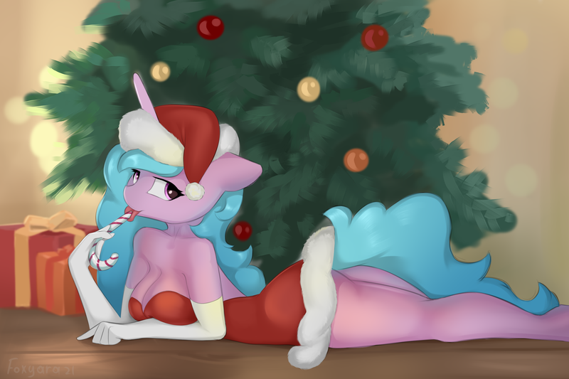 Size: 2400x1600 | Tagged: suggestive, artist:foxyara, derpibooru import, izzy moonbow, anthro, christmas, female, g5, holiday, image, png, solo, solo female