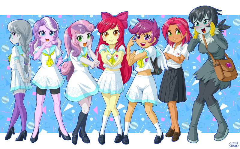 Size: 1900x1175 | Tagged: safe, artist:uotapo, derpibooru import, apple bloom, babs seed, diamond tiara, gabby, scootaloo, silver spoon, sweetie belle, equestria girls, abstract background, adorababs, adorabloom, amber eyes, apple bloom's bow, bag, barrette, belly button, belt, bike shorts, blouse, blue eyes, blushing, boots, bow, braid, breasts, busty gabby, clothes, crossed arms, cute, cutealoo, cutie mark, cutie mark crusaders, cutie mark on clothes, diamondbetes, diasweetes, dress, ear piercing, equestria girls-ified, eyelashes, female, flats, freckles, gabbybetes, gloves, green eyes, hair bow, heart in mouth, high heel boots, high heels, image, jpeg, knees pressed together, kneesocks, leggings, legs, lips, meganekko, midriff, neckerchief, noblewoman's laugh, open mouth, piercing, pleated skirt, ponytail, pretty sailor crew, purple eyes, sailor uniform, school uniform, schoolgirl, shirt, shoes, silverbetes, skirt, socks, squee, thigh highs, uniform, zettai ryouiki