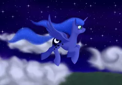 Size: 1200x840 | Tagged: safe, artist:xodok, derpibooru import, princess luna, alicorn, pony, series:ponyashnost, cloud, cutie mark, flight, horn, image, night, png, smiling, stars, wings