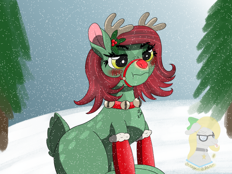 Size: 1600x1200 | Tagged: safe, artist:gray star, derpibooru import, oc, oc:minty shine (graystar), unofficial characters only, deer, reindeer, fallout equestria, angry, bell, bell collar, blushing, clothes, collar, derpibooru exclusive, doe, fallout equestria: all things unequal, female, holiday, image, png, reindeerified, reins, socks, species swap, stockings, thigh highs