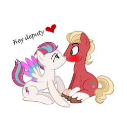 Size: 906x803 | Tagged: safe, artist:rozyfly10, derpibooru import, sprout cloverleaf, zipp storm, earth pony, pegasus, pony, my little pony: a new generation, blushing, coat markings, colored wings, duo, eye contact, female, g4, g5, g5 to g4, generation leap, heart, image, kissing, looking at each other, looking at someone, male, mare, png, raised hoof, shipping, show accurate, simple background, sitting, socks (coat marking), spread wings, stallion, straight, surprise kiss, tail, text, transparent background, unshorn fetlocks, wings, zippsprout