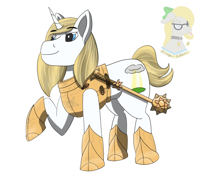 Size: 1600x1350 | Tagged: safe, artist:gray star, derpibooru import, oc, oc:father bright, unofficial characters only, pony, unicorn, fallout equestria, armor, cult leader, derpibooru exclusive, fallout equestria: all things unequal, friendly, image, male, morning star, png, smiling, stallion, weapon