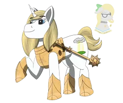 Size: 1600x1350 | Tagged: safe, artist:gray star, derpibooru import, oc, oc:father bright, unofficial characters only, pony, unicorn, fallout equestria, armor, cult leader, derpibooru exclusive, fallout equestria: all things unequal, friendly, image, male, morning star, png, smiling, stallion, weapon