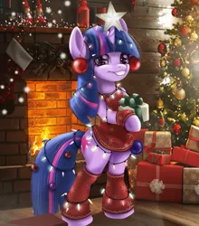 Size: 1345x1526 | Tagged: safe, artist:mdwines, derpibooru import, twilight sparkle, pony, unicorn, bipedal, christmas, christmas lights, christmas tree, clothes, cute, fire, fireplace, holiday, image, new year, png, present, smiling, solo, sweater, tree
