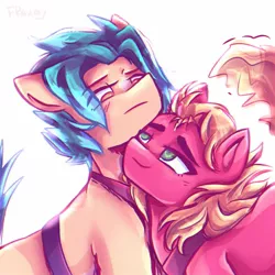 Size: 1500x1500 | Tagged: safe, artist:fraumflug, derpibooru import, hitch trailblazer, sprout cloverleaf, earth pony, pony, my little pony: a new generation, cute, drawing, g5, gay, hitchsprout, hug, image, jpeg, looking at each other, looking at someone, male, police pony, shipping, simple background, stallion, white background