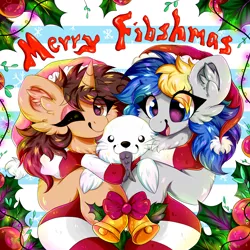 Size: 2362x2362 | Tagged: safe, artist:woonborg, derpibooru import, oc, oc:bluecode, oc:woon, fish, pony, seal, unicorn, bells, christmas, christmas lights, clothes, ear fluff, fluffy, hat, holiday, image, leaves, open mouth, png, santa hat, scarf, smiling