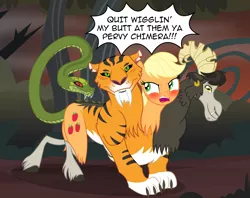 Size: 3420x2712 | Tagged: suggestive, artist:badumsquish, derpibooru import, applejack, chimera sisters, big cat, chimera, earth pony, goat, pony, snake, tiger, somepony to watch over me, angry, applebutt, blushing, body control, butt, butt shake, derpibooru exclusive, dialogue, embarrassed, flirty, fusion, glare, image, looking at you, multiple heads, png, show accurate, taunting, three heads, unamused, varying degrees of want
