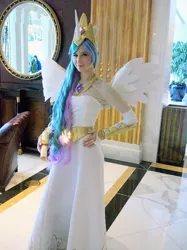 Size: 1548x2066 | Tagged: safe, artist:rjth, derpibooru import, princess celestia, human, clothes, cosplay, costume, hand on hip, image, irl, irl human, jpeg, katsucon, katsucon 2013, photo, scroll