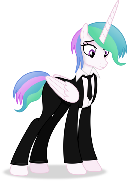 Size: 5077x7181 | Tagged: safe, artist:anime-equestria, derpibooru import, princess celestia, alicorn, pony, absurd resolution, alternate hairstyle, clothes, female, folded wings, full body, horn, image, lidded eyes, mare, multicolored mane, multicolored tail, necktie, png, purple eyes, shadow, show accurate, simple background, smiling, solo, standing, suit, tail, transparent background, vector, wings