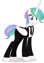 Size: 5077x7181 | Tagged: safe, artist:anime-equestria, derpibooru import, princess celestia, alicorn, pony, absurd resolution, alternate hairstyle, clothes, female, folded wings, full body, horn, image, lidded eyes, mare, multicolored mane, multicolored tail, necktie, png, purple eyes, shadow, show accurate, simple background, smiling, solo, standing, suit, tail, transparent background, vector, wings