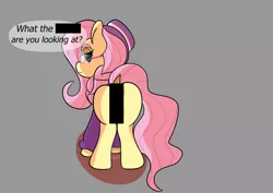 Size: 1280x905 | Tagged: suggestive, artist:shooting star, derpibooru import, edit, fluttershy, pegasus, pony, alternate hairstyle, braid, butt, censor bar, censored, censored vulgarity, clothes, dialogue, dock, female, flutterbutt, frown, glasses, gray background, hat, heart pony, hipster, hipstershy, image, jumper, lidded eyes, looking back, mare, marehood, nudity, pink mane, pink tail, plot, png, shadow, simple background, solo, speech bubble, standing, sweater, sweatershy, tail, tail aside, talking to viewer, text edit