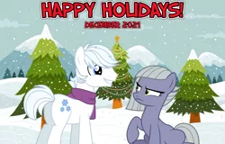 Size: 2064x1321 | Tagged: safe, anonymous artist, artist:dashiesparkle, artist:tomfraggle, derpibooru import, double diamond, limestone pie, earth pony, pony, 2021, christmas, christmas tree, clothes, december, female, flirting, frown, happy holidays, hearth's warming, holiday, image, limediamond, limestone pie is not amused, looking at each other, looking at someone, lyrics in the description, male, mare, mountain, not sure if want, png, scarf, smiling, snow, snowfall, stallion, tree, winter wonderland, youtube link in the description